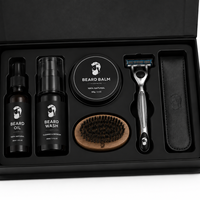 Boîte cadeau magnétique pliable en plastique avec insert en plastique laminé noir mat, logo personnalisé avec vernis UV, pour kit de soin de la barbe