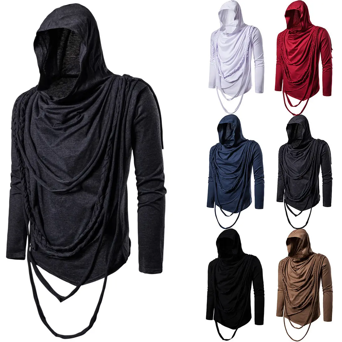 European Size Men's Long-sleeved T-shirt Street Style Pile Collar T-shirt Swing Collar Hooded Pullover Men Hoodie