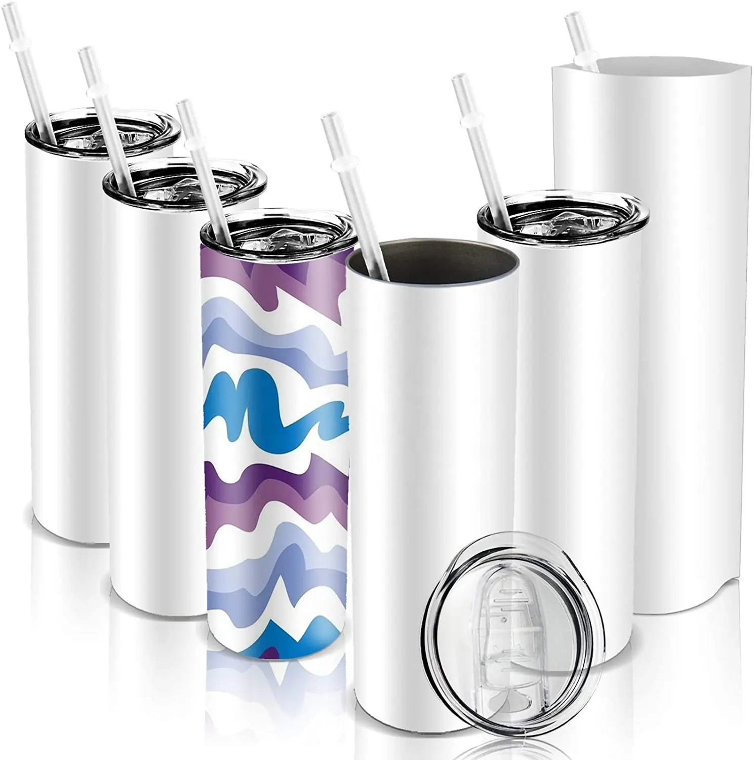 8 Qty Pack Stainless Steel Straw or Plastic Straw and With or Without Shrink Wrap Skinny Silver STRAIGHT Sublimation Blank Tumbler 20 oz