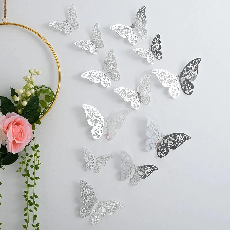 Adesivo de borboleta 3d para decoração de casa, 48 pçs/set oco, borboletas diy, decoração de casamento