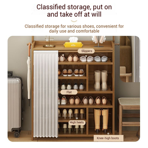 Meuble de rangement à chaussures en bois pour entrée avec crochets pour manteaux, étagères multi-niveaux, plateforme supérieure, porte-clés, sacs, gain de place à la maison - Product Image 3