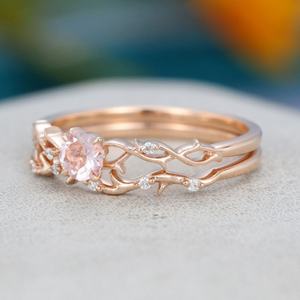 Anillo de Compromiso de Morganita con Corte Redondo, Juego de 2 Piezas, Estilo Vintage Único, Anillo de Compromiso de Oro Rosa con Diseño de Rama, Gran Venta - Product Image 4