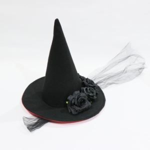 Sombrero de Bruja Negro Personalizado con Rosas y Tul, Gorro de Mago de Fieltro para Disfraz de Fiesta de Halloween, Mujer Adulta - Product Image 1