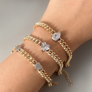 Women's Jewelry Accessorize Miami 14K Gold Plated Cuban <b>Chain</b> Bracelet with Pear CZ Zircon Heart Charm Bracelet - Product Image 1