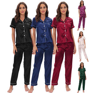Ensemble de vêtements de nuit en satin soyeux uni, classique, doux et lisse, pour femmes, été et automne, haut à <span class=keywords><strong>manches</strong></span> <span class=keywords><strong>courtes</strong></span> et pantalon long - Product Image 2