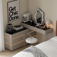 Table de maquillage minimaliste italienne en bois avec miroir, tiroirs intégrés et éclairage d'ambiance - Rangement de chevet pour chambre à coucher