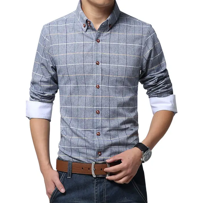 Hot Sale New Style Button Down Collar Slim Fit Pure Cotton Plaid Casual Shirts For Men