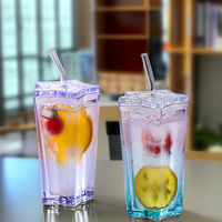 Mug en verre borosilicate de 300 ml, double paroi, en forme d'étoile à cinq branches, coloré, pour jus, lait, café, avec couvercle et paille