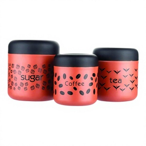 Récipient hermétique en acier inoxydable, sucre, thé, café, boîte en verre de couleur pêche, ensemble de 3 pièces, boîte de rangement avec impression - Product Image 1