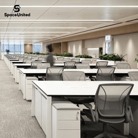 Bureau de travail multi-personnes SpaceUnited avec écrans de confidentialité, structure métallique, gestion des câbles et rangement pour équipe