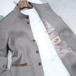 Blazer Grigio Personalizzato con Colletto alla Coreana, Monopetto, in Tessuto Polycaprio Italiano, Lana a Spina di Pesce, Traspirante, Vestibilità Slim, per Business - Product Image 5