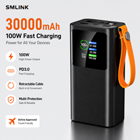 Batterie externe portable 30000mAh 100W avec chargeur rapide et câble rétractable pour ordinateur portable, smartphone, montre connectée, voyage, OEM, ODM