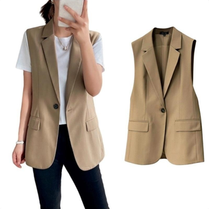 Chaleco Minimalista para <span class=keywords><strong>Mujer</strong></span> <span class=keywords><strong>H</strong></span>-1079, Sin Mangas, con un Botón y Bolsillos, Corte Entallado, Nuevo, para Oficina, Otoño-Primavera - Product Image 1