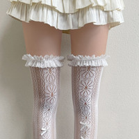 Nouvelle arrivée, chaussettes fines en dentelle noire et blanche, chaussettes au-dessus du genou, avec nœuds en dentelle délicats, parfaites pour les styles Lolita JK