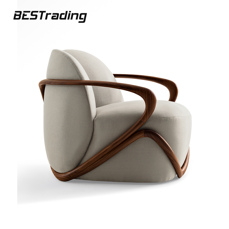 Итальянское современное Роскошное кресло из орехового дерева и ткани бежевого цвета для гостиной
