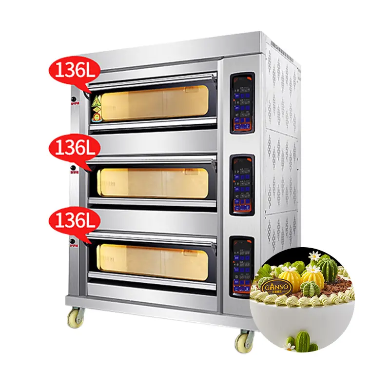 Ticari pişirme ekipmanları 3 güverte 6 tepsiler LPG NG gaz fırın ekmek veya kek için dijital sıcaklık göstergesi ile