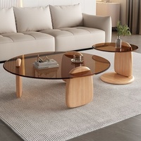 Table basse ronde couleur noyer pour salon, petit appartement, style luxe léger, moderne et minimaliste, table à thé en verre combiné