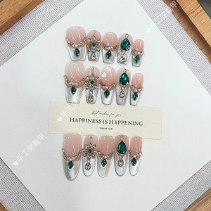 Faux ongles portables faits main, nouvelle collection été, style Palais de <span class=keywords><strong>Versailles</strong></span>, zircon champagne, diamant vert, ultra-fins, sans trace, élégants - Product Image 1