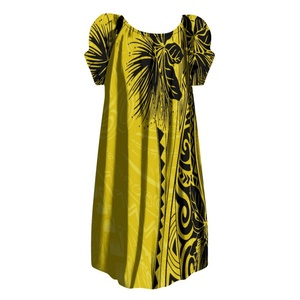 Vestido Polinesio Rojo Personalizable para Mujer, Nuevo Diseño, Estilo Isleño del Pacífico, Mumu con Mangas Cortas Abullonadas, Corte Midi Holgado y Voluminoso, Natural, ODM - Product Image 3