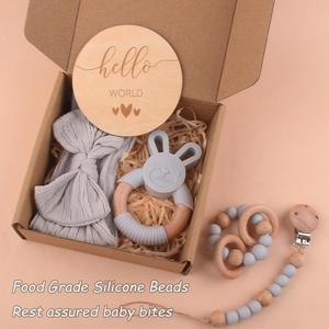 Set regalo di cartone animato per bambini fascia in cotone Silicone legno perline ciuccio catena pietre miliari coniglio dentiere anello Set - Product Image 4