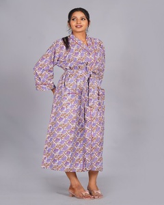 Robe de détente longue à manches longues en coton imprimé style bohème avec cordon de serrage - Product Image 3