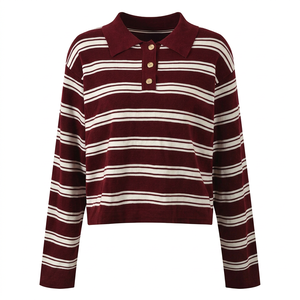 Black and Blue Striped Long-<b>Sleeve</b> Knit Polo Shirt - Product Image 3