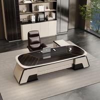 Bureau de direction ovale modulaire moderne personnalisé avec gestion intégrée des câbles, base à motif ondulé, éclairage LED et rangement