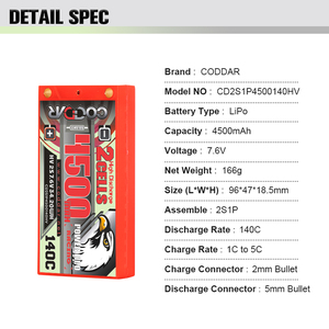 Batteria LiPo CODDAR 2S 4500mAh HV <span class=keywords><strong>7.6V</strong></span> 140C con Connettore Bullet 5mm, Custodia Rigida LCG Shorty per Auto RC 1/10 1/12 e Barche - Product Image 4