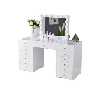 2023 Espelho De Madeira Set De Tocador Maquiagem Vanity Dressing Table com 13 Gavetas Glass Top Dressing Table