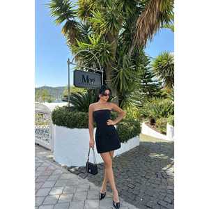 Vestido Mini Negro Belinda sin Tirantes, Ajustado al Cuerpo, con Decoración de Cuentas y Estampado de Cristales, Cintura Imperio, para Fiestas - Product Image 2