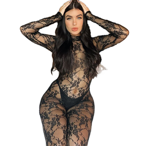 Nuova estate J25RP093 pagliaccetto da donna con motivo floreale in pizzo scollo <span class=keywords><strong>a</strong></span> V senza schienale tutina Sexy manica corta <span class=keywords><strong>tuta</strong></span> attillata - Product Image 1