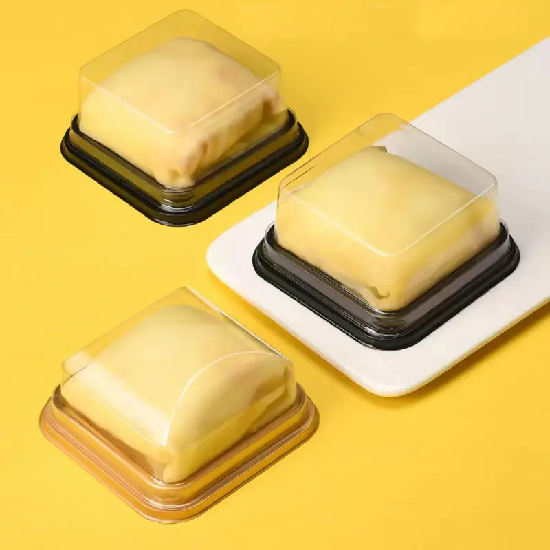 Bolinho de plástico transparente quadrado redondo de qualidade alimentar, embalagem para bolos, mini caixa de armazenamento para bolos, recipiente para ovos e gema