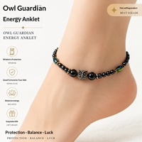 Bracelet de cheville vintage en obsidienne à motif hibou, perles de pierre naturelle, bijou de pied porte-bonheur et équilibrant pour hommes et femmes