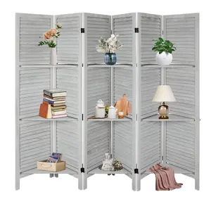 6 Panel Wood Room Divider Screen Freestanding with Shelf Room Dividers and Folding Privacy Screens Easy Move Partition Room