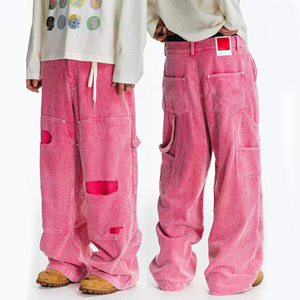 Pantaloni Cargo da Uomo in Corduroy Stile Retrò, Gamba Larga, Vestibilità Ampia, con Inserti Distressed sulle Ginocchia, Chiusura con Cerniera, Stile Hip Hop, in Cotone Lavato - Product Image 1