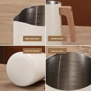 <span class=keywords><strong>Pichet</strong></span> à mousse de lait en acier inoxydable 304 avec échelle de mesure, poignée en bois pour l'art du latte, le cappuccino, l'utilisation à domicile et au café - Product Image 4