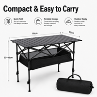 Table de camping portable d'extérieur avec surface pliable, étagère de rangement sous la table et pieds réglables