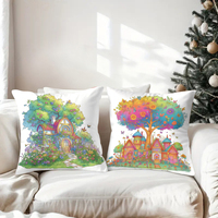 Maisons dans les arbres enchantées, nichées dans des forêts vives et colorées, sur des coussins décoratifs confortables