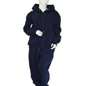 Ensemble de survêtement unisexe en polaire bleu marine personnalisé en usine, coupe régulière, haut zippé intégral et pantalon de jogging, tenue décontractée et tendance - Product Image 1