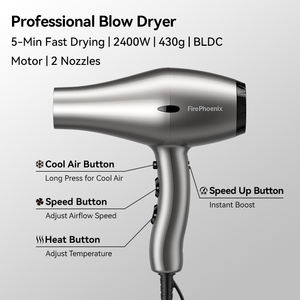 Secador de Pelo Profesional FirePhoenix de 2400W, Secado Rápido en 5 Minutos, Motor BLDC, Bajo Ruido, Ligero (400g), 4 Velocidades, Aire Frío, con 2 Boquillas - Product Image 2