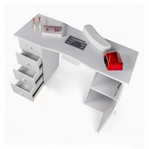 โต๊ะทำเล็บโค้งสีขาวพร้อมลิ้นชักและชั้นวางของสำหรับร้านเสริมสวย - Product Image 1