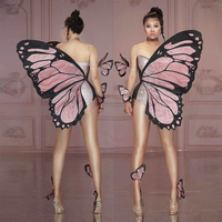 Bodysuit pour femmes rose avec ailes de papillon et strass Costume de danse sexy Justaucorps Club Showgirl Stage Performance Wear