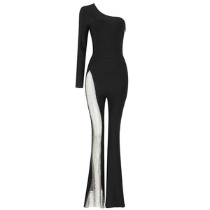 Produttore di abbigliamento donna Fast Fashion Low Moq <span class=keywords><strong>elegante</strong></span> <span class=keywords><strong>tuta</strong></span> <span class=keywords><strong>nera</strong></span> monospalla manica lunga in Mesh svasata - Product Image 5