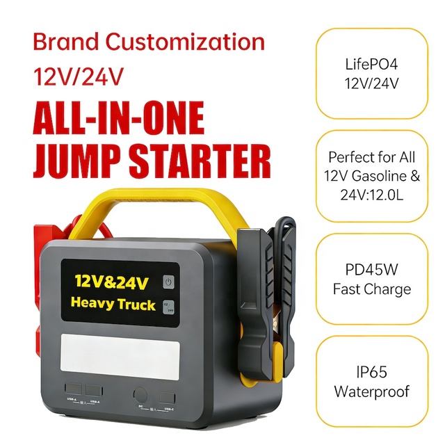 Lifepo4 IP65 Jumpstarter Fast Charge Power Supply Booster Heavy Duty Battery Charger Car Jump Starter 12V 24V for Semi Truck