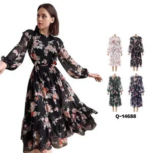 Groothandel Vrouwen Elegante Trending Bloemen Losse Casual Dames Maxi Chiffon Jurk