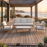 Ensemble de canapés d'extérieur J&M T846 en aluminium et rotin PE, 5 places, coussins bouclés, accoudoirs en corde, table basse, pour terrasse de montagne