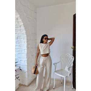 Ensemble moderne décontracté deux pièces par Lali, haut court beige uni et jupe longue, taille XL pour l'été - Product Image 5