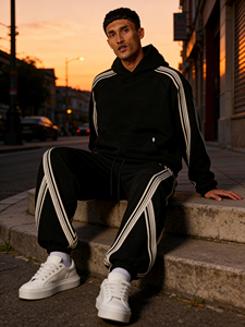 Men's Custom Logo 100% Cotton <strong>Tracksuit</strong> Striped Elastic Cuff Flared Gym Sweatpants Hoodie for Autumn Sport for Gym Workouts - Product Image 4