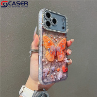 Coque de téléphone portable haut de gamme avec cadre d'objectif d'appareil photo en diamant papillon perlé orange scintillant pour iPhone 14-17 Pro/promax