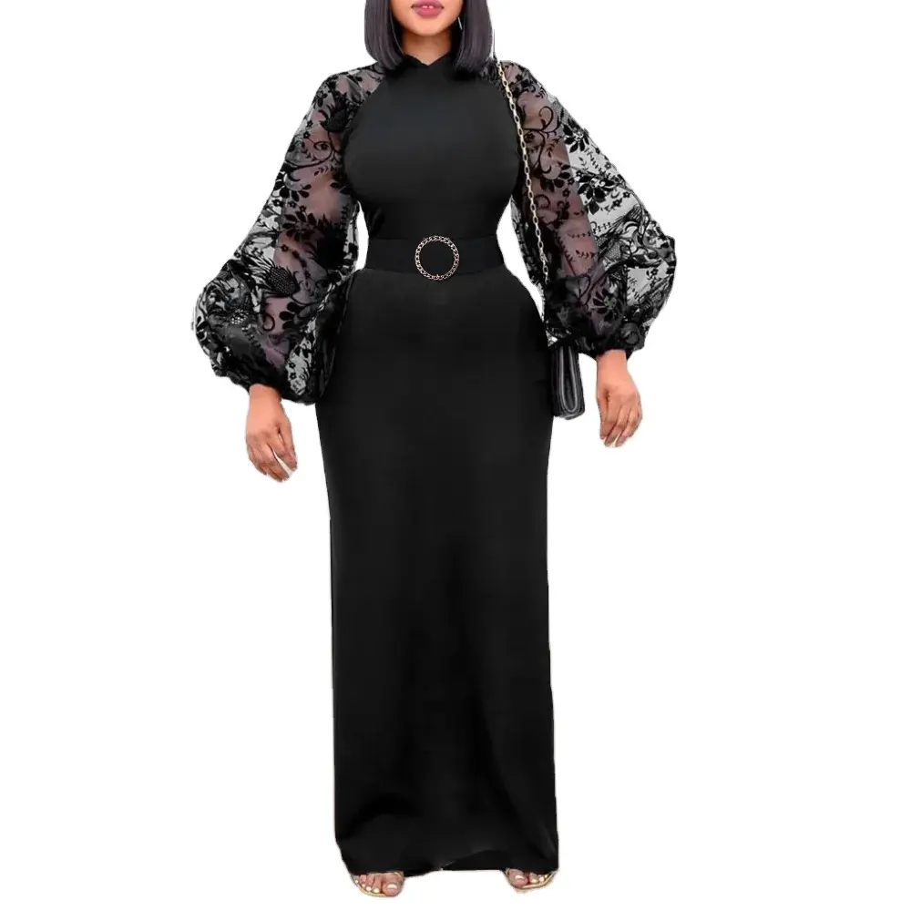 Son siyah fener kollu zarif Maxi artı boyutu kadın elbise